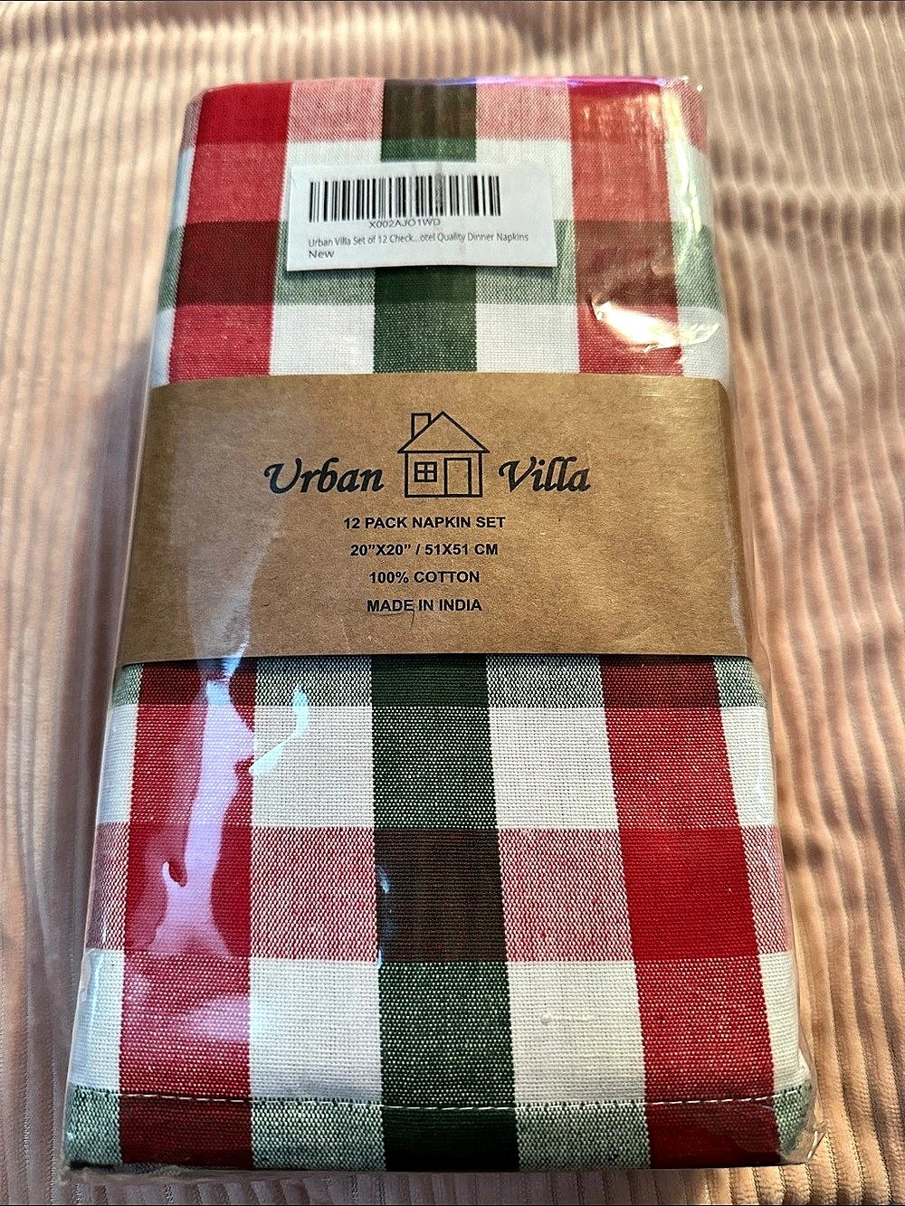 Urban Villa 12 Pack Napkins Checkered Cotton Napkins in Red & Green NWT